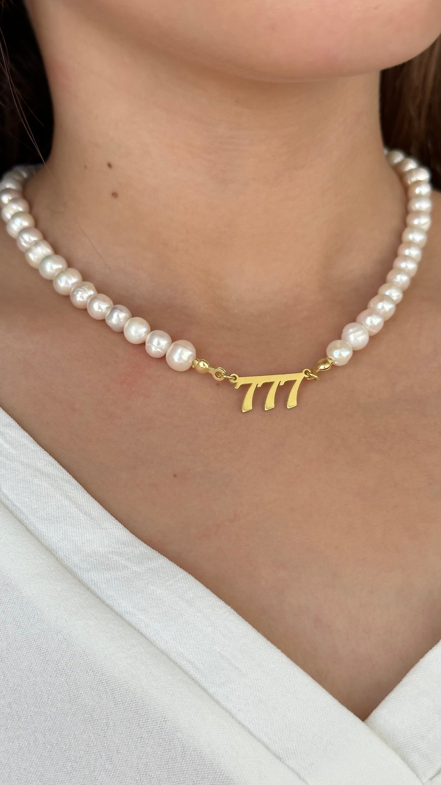 Angel Number Necklace, 777 Necklace, Pearl Angel Numbers Necklace, Personalized Gift, Lucky Number, Gift for Her, Pearl Jewelry, 925 Silver