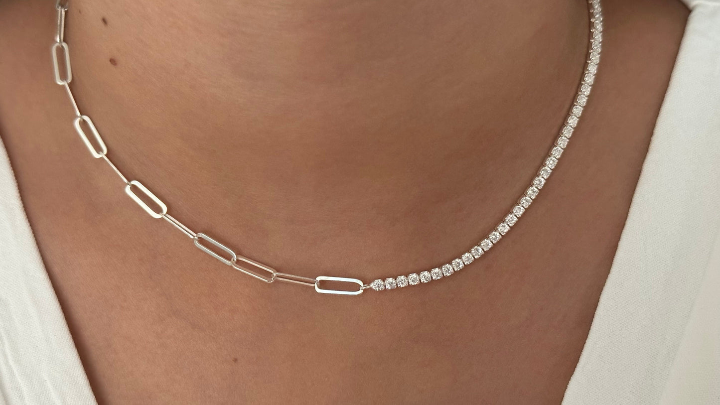 Half Tennis Half Link Chain Necklace Choker, CZ Tennis Necklace, 2mm Diamond Necklace, Link Chain Necklace, Tennis Jewelry, 925 Silver