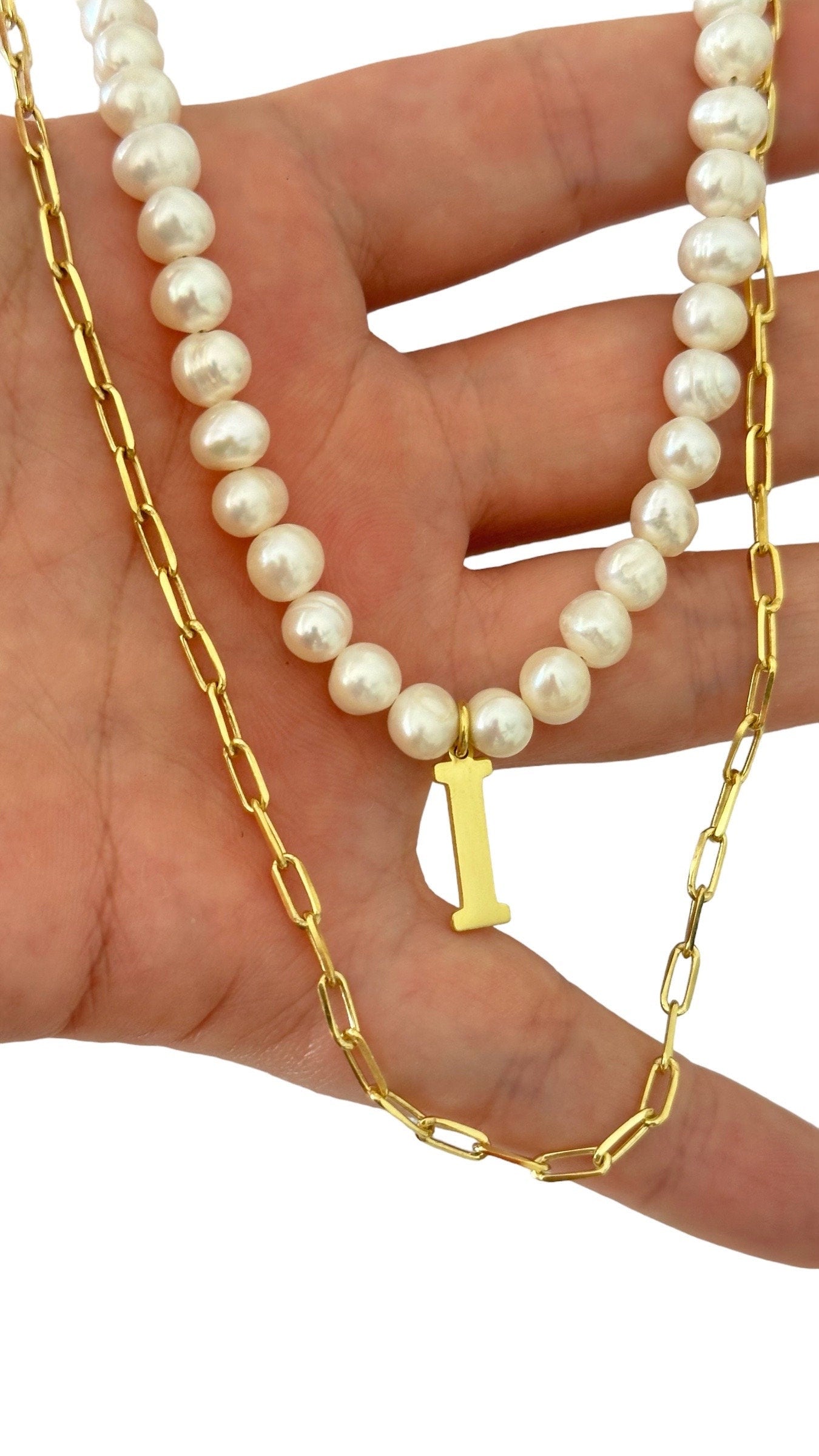 Layered Pearl Necklace, Initial Pearl Necklace, Multi Strand Pearl Letter Necklace, Pearl Name Necklace, Personalized gift, Custom Jewelry