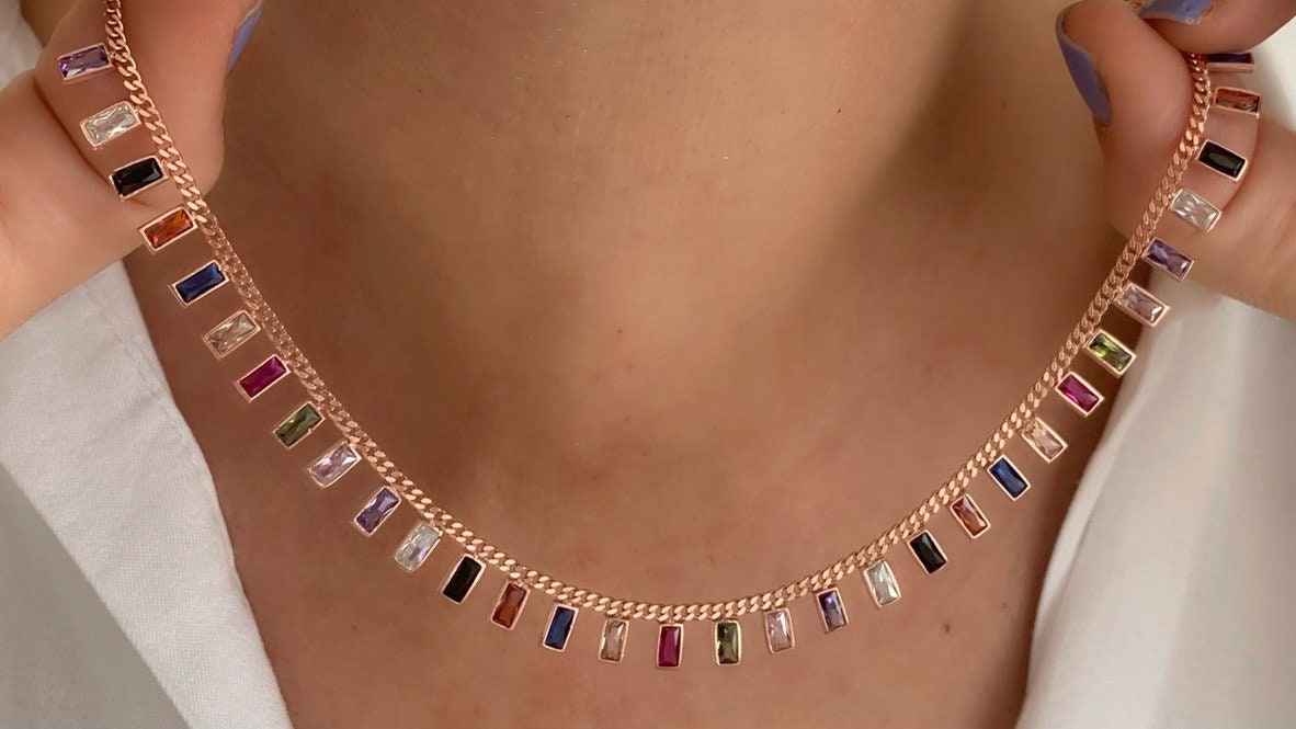 Multicolor Baguette Necklace, Baguette Choker, Rainbow Necklace, Drop Dangle Necklace, Colorful Necklace, CZ Necklace, Trendy Necklace, 925