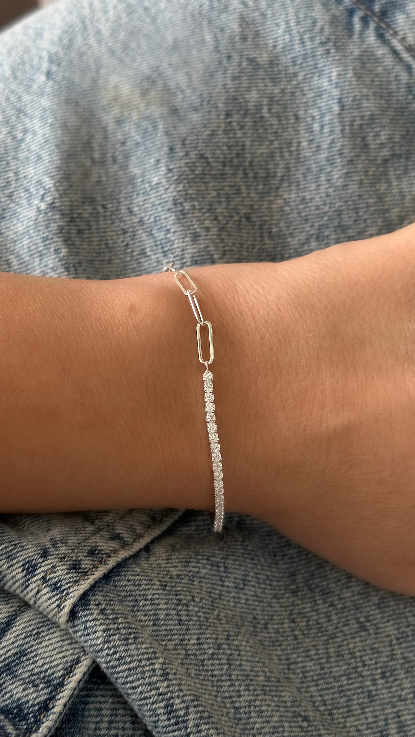 Half tennis half paperclip bracelet, CZ Tennis Bracelet, Diamond Bracelet, Link Chain Bracelet, Tennis Jewelry, 925 Silver, Gift for her