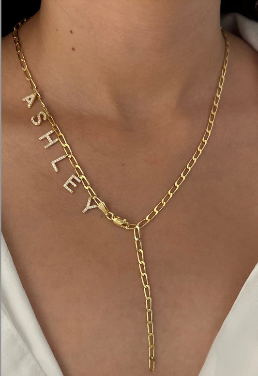 Personalized Lariat Name Necklace with Paperclip Chain, Lariat Necklace in Gold, Custom Name Necklace, CZ Stone Dangle Letter, Drop Necklace