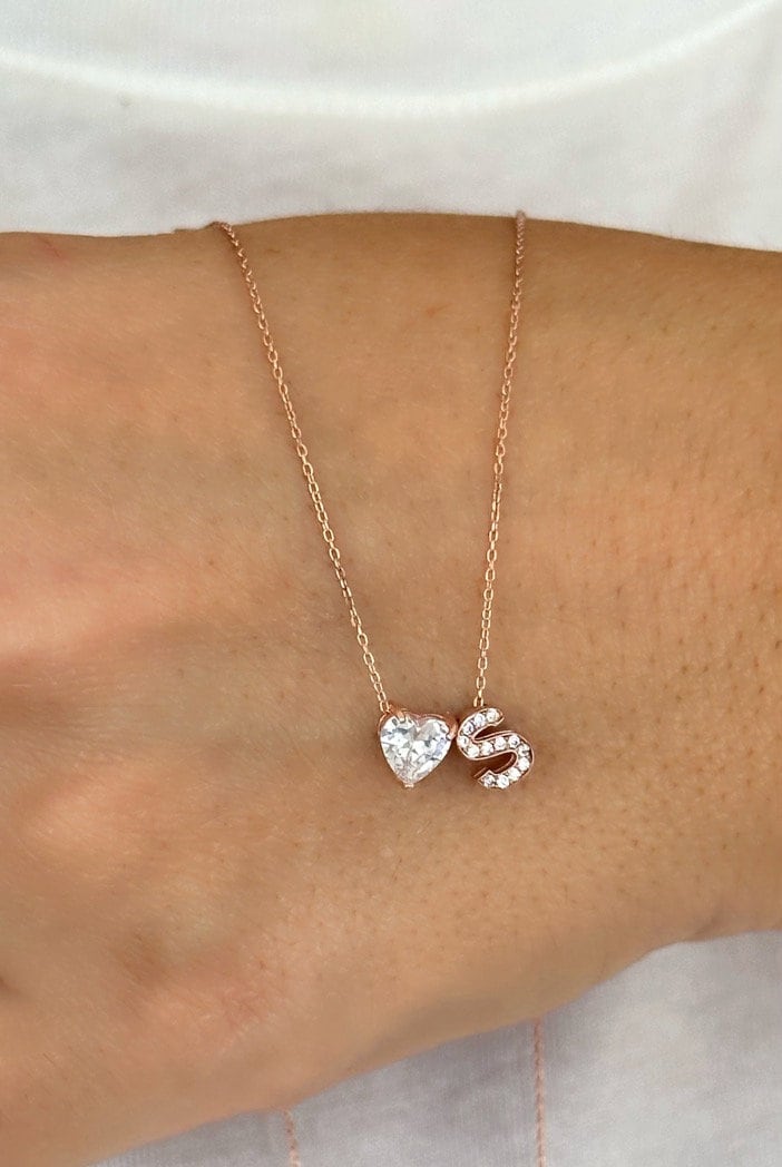 Diamond Initial Heart Necklace, Pave Initial Necklace, Tint Letter Necklace, Princess Necklace, Personalized Jewelry, Custom Gift for Her