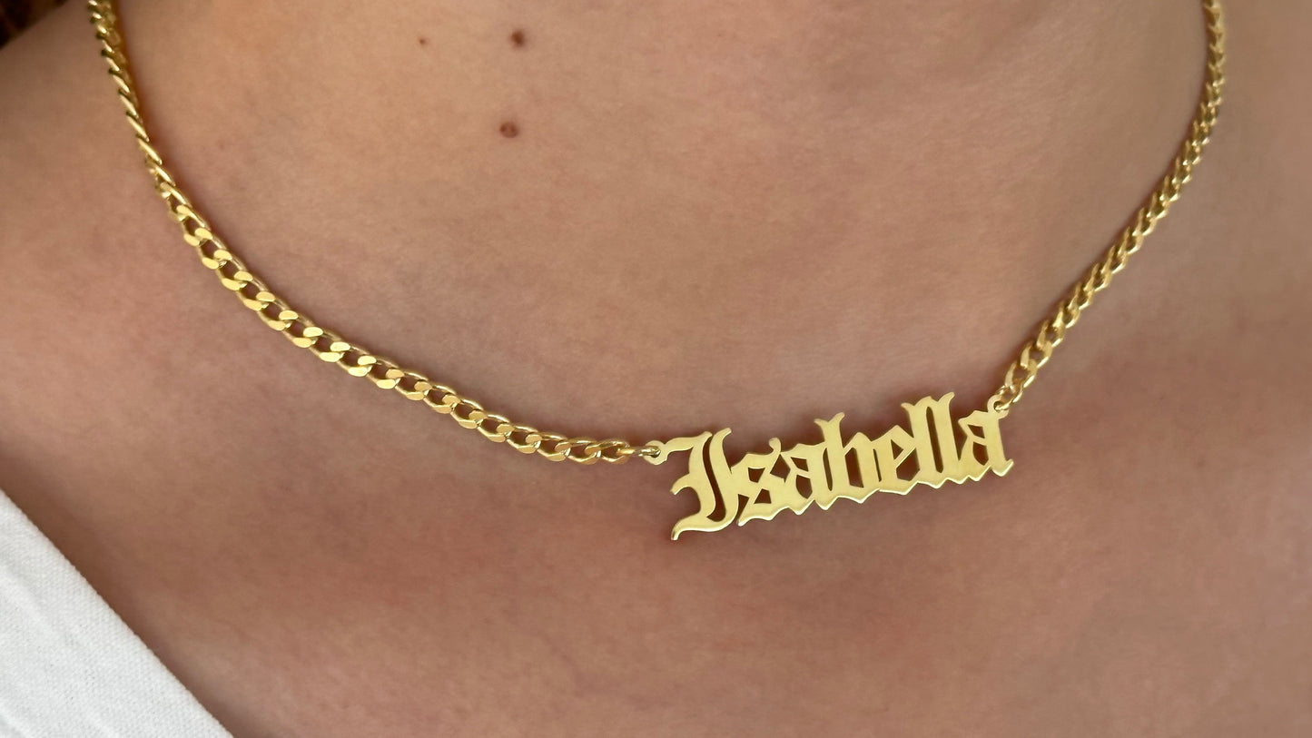 Old English Name Plate Necklace, Personalized Gothic Name Necklace, 3.5mm Curb Name Chain Necklace, Custom Old English Necklace, 925 Silver