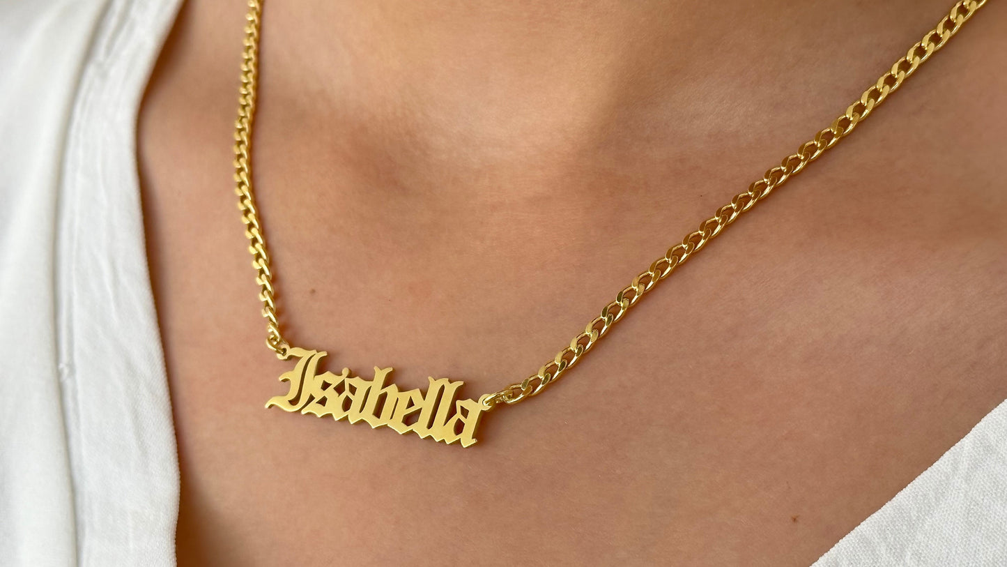 Old English Name Plate Necklace, Personalized Gothic Name Necklace, 3.5mm Curb Name Chain Necklace, Custom Old English Necklace, 925 Silver