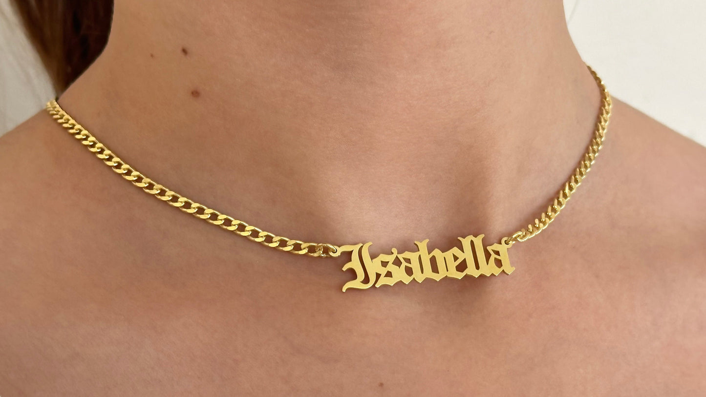 Old English Name Plate Necklace, Personalized Gothic Name Necklace, 3.5mm Curb Name Chain Necklace, Custom Old English Necklace, 925 Silver