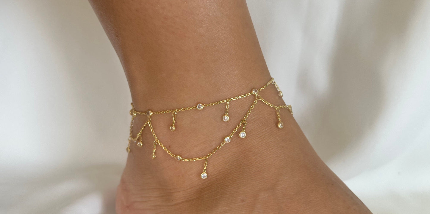 Dangle CZ Stone Anklet, Crystal Diamond Anklet, Dangle Gemstone Anklet, Summer gift, Beach Jewelry, 14K Rose gold Anklet, Ankle Bracelet