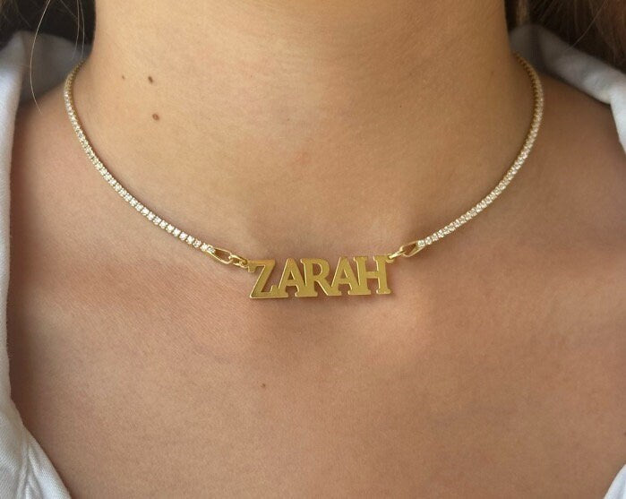Personalized Tennis Name Necklace, Custom Tennis Name Choker Necklace, Personalized CZ Nameplate Necklace Personalize gift her, 925 Silver