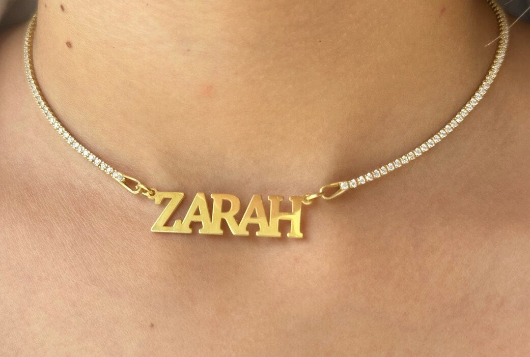 Personalized Tennis Name Necklace, Custom Tennis Name Choker Necklace, Personalized CZ Nameplate Necklace Personalize gift her, 925 Silver