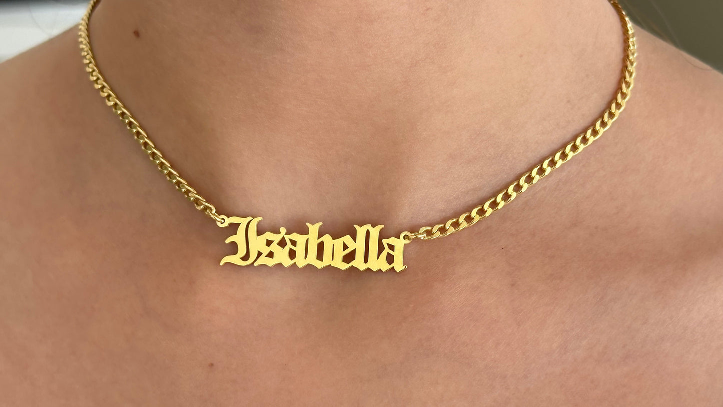 Old English Name Plate Necklace, Personalized Gothic Name Necklace, 3.5mm Curb Name Chain Necklace, Custom Old English Necklace, 925 Silver