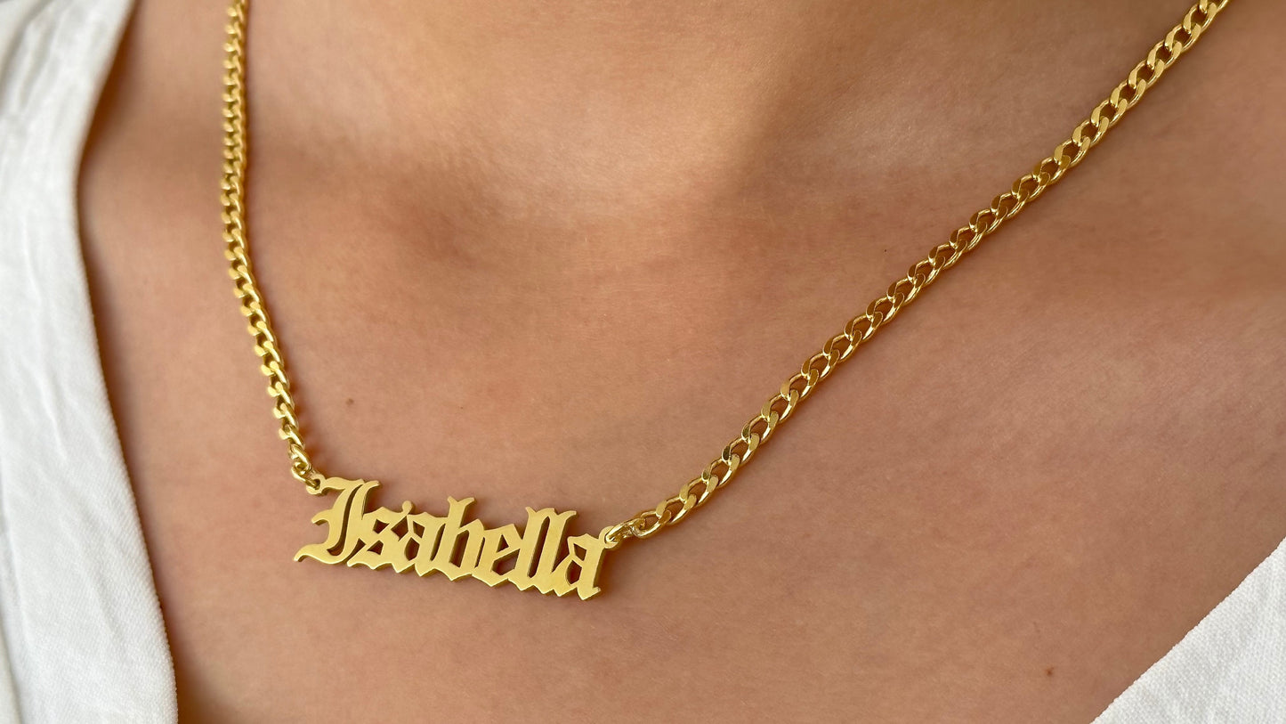 Old English Name Plate Necklace, Personalized Gothic Name Necklace, 3.5mm Curb Name Chain Necklace, Custom Old English Necklace, 925 Silver