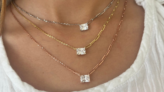 Baguette Necklace Crystal Diamond Shiny Zirconia Rectangle Stone Emerald Cut Pendant Necklace Layering Gift for her Baguette Jewelry 925