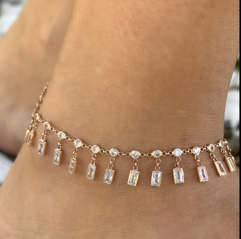 Dangle CZ Stone Anklet, Crystal Diamond Anklet, Dangle Gemstone Anklet, Summer gift, Beach Jewelry, 14K Rose gold Anklet, 925 Silver