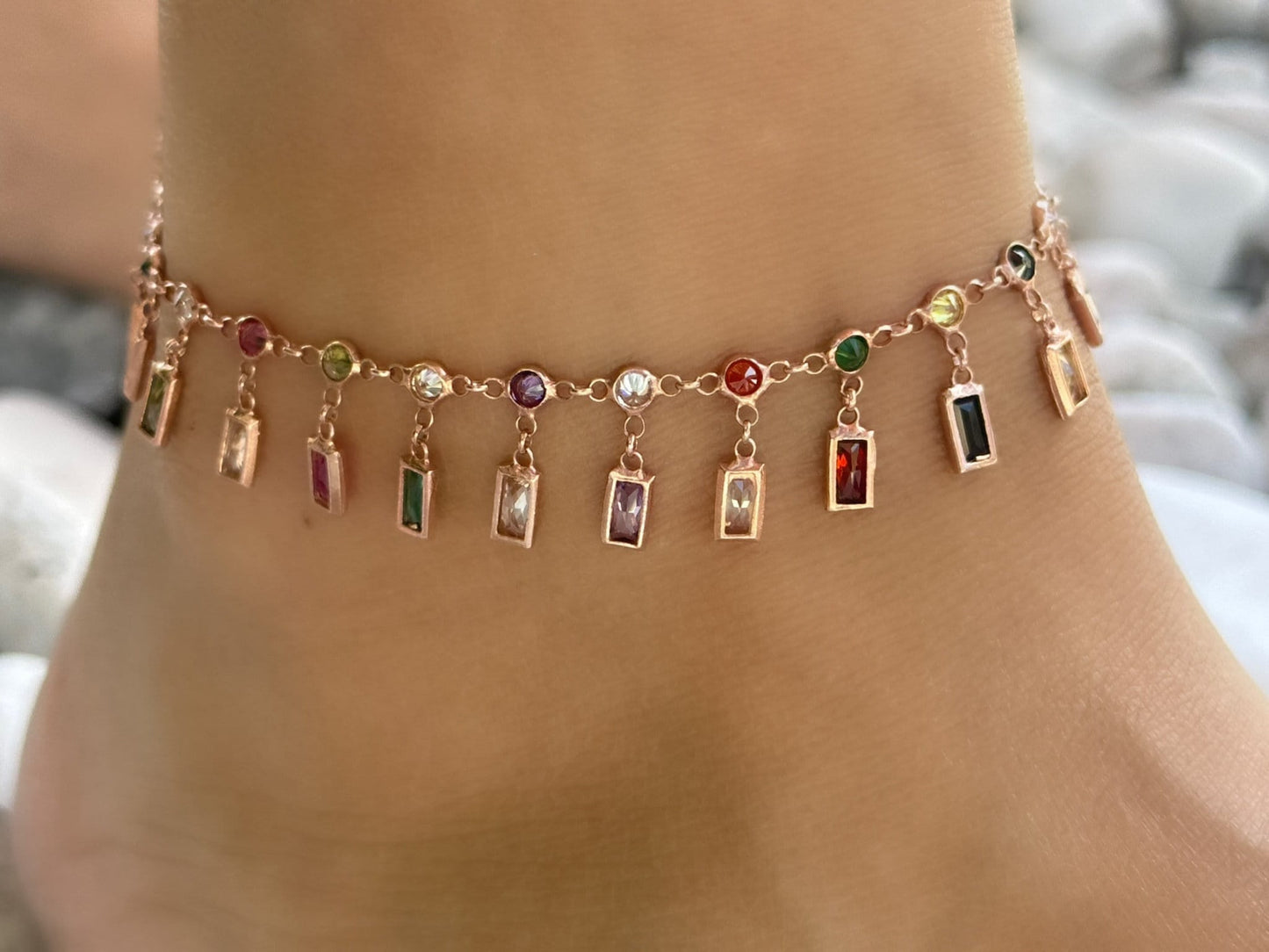 Dangle CZ Stone Anklet, Crystal Diamond Anklet, Dangle Gemstone Anklet, Summer gift, Beach Jewelry, 14K Rose gold Anklet, Ankle Bracelet
