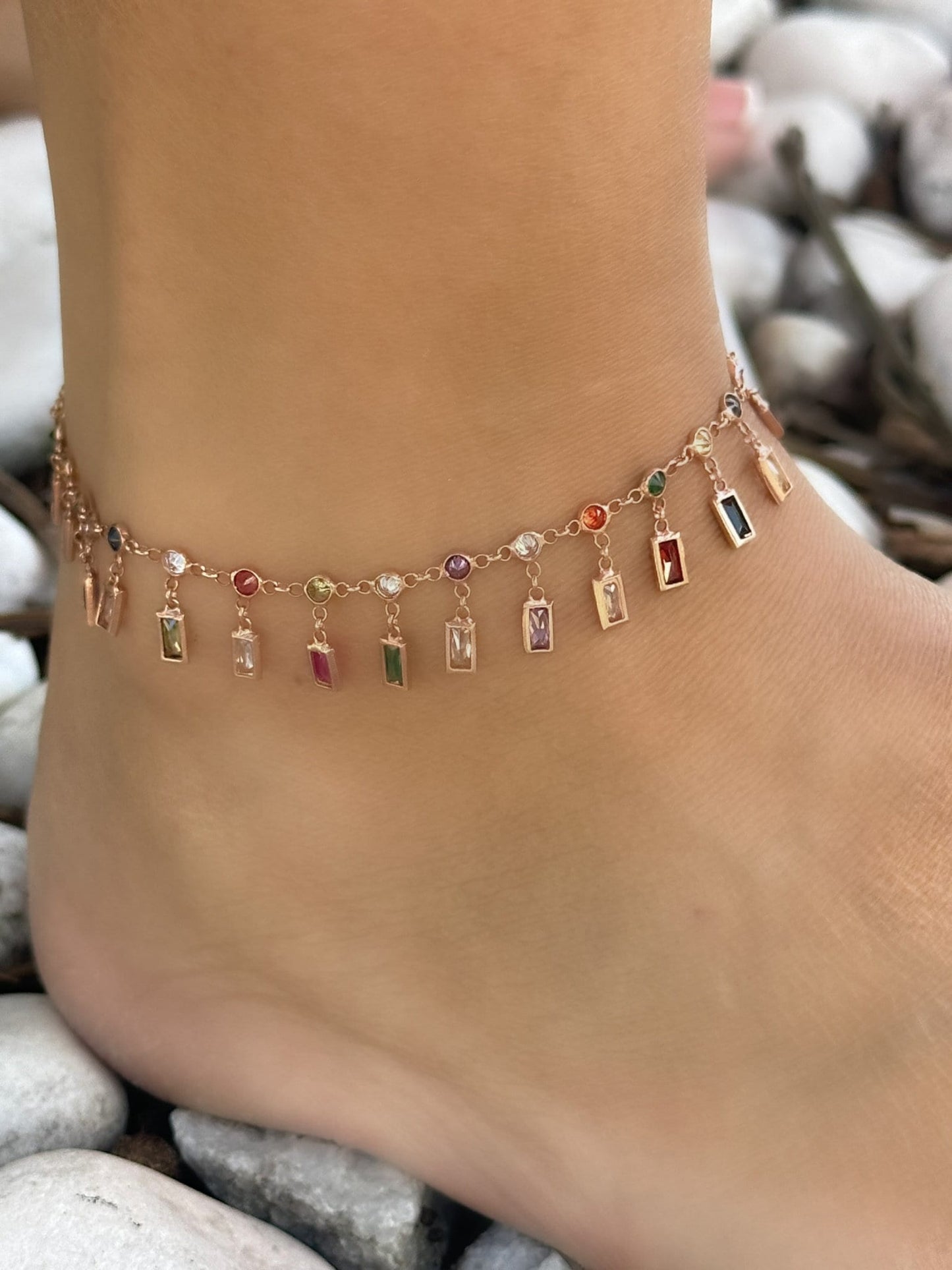Dangle CZ Stone Anklet, Crystal Diamond Anklet, Dangle Gemstone Anklet, Summer gift, Beach Jewelry, 14K Rose gold Anklet, Ankle Bracelet