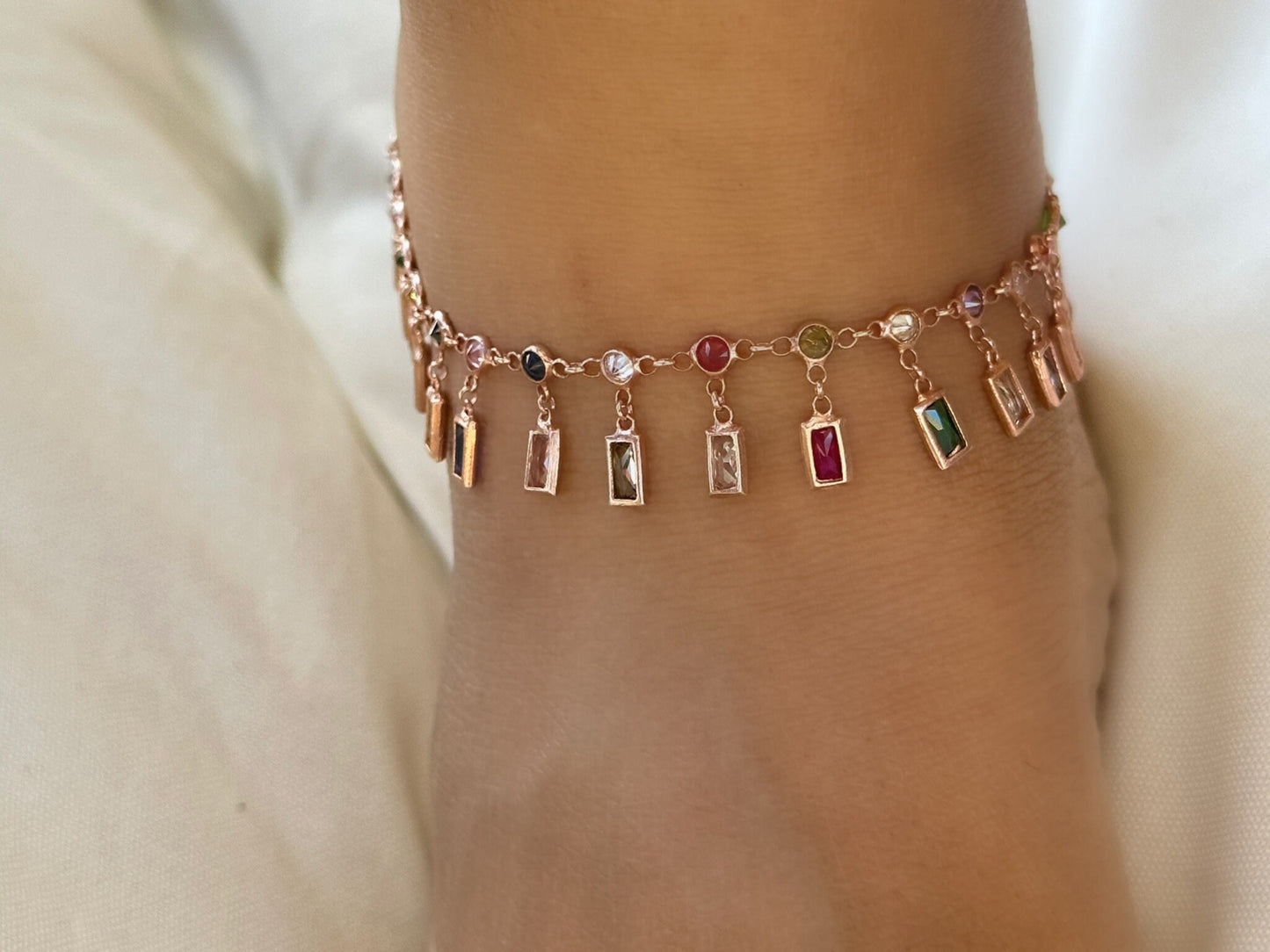 Dangle CZ Stone Anklet, Crystal Diamond Anklet, Dangle Gemstone Anklet, Summer gift, Beach Jewelry, 14K Rose gold Anklet, Ankle Bracelet