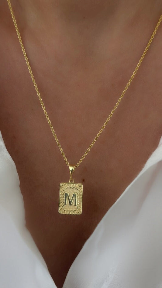 Retro Initial Letter Necklace, Layering Letter Pendant Necklace, Alphabet Rectangle Medallion Pendant, Personalized gift for her and him